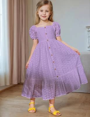 Purple embroidered cotton puff sleeve maxi girls dress 3