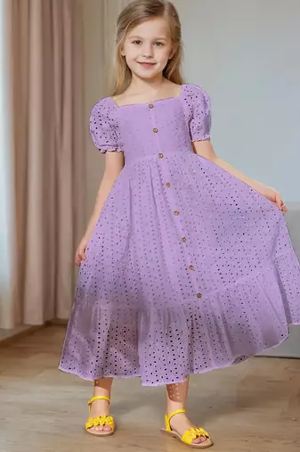 Purple embroidered cotton puff sleeve maxi girls dress