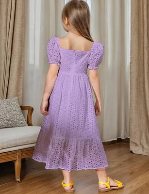 Purple embroidered cotton puff sleeve maxi girls dress 4