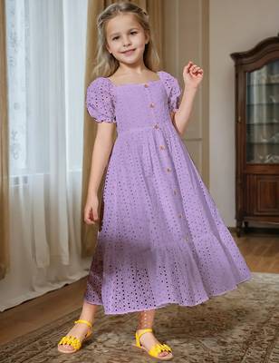Purple embroidered cotton puff sleeve maxi girls dress 5