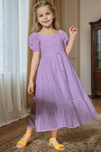 Purple embroidered cotton puff sleeve maxi girls dress