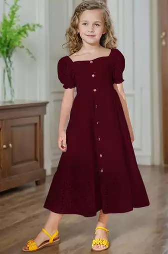 Maroon embroidered cotton puff sleeve maxi girls dress