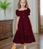 Maroon embroidered cotton puff sleeve maxi girls dress