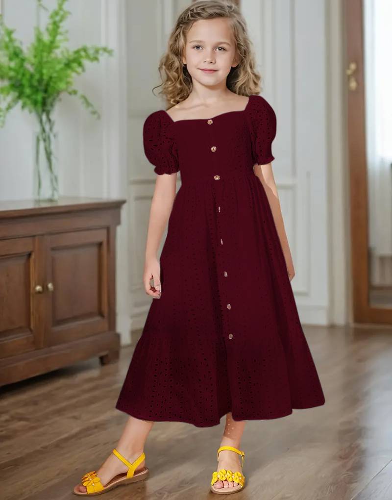 Maroon embroidered cotton puff sleeve maxi girls dress
