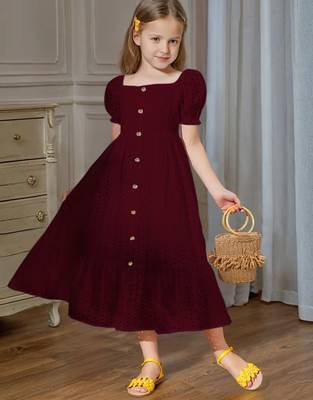 Maroon embroidered cotton puff sleeve maxi girls dress 2