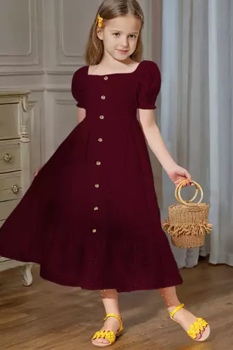 Maroon embroidered cotton puff sleeve maxi girls dress