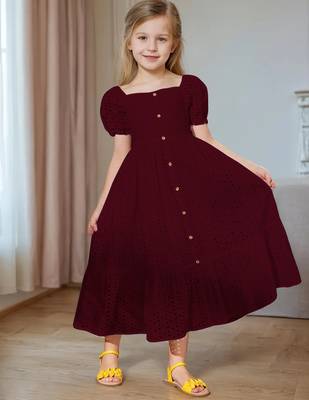Maroon embroidered cotton puff sleeve maxi girls dress 3