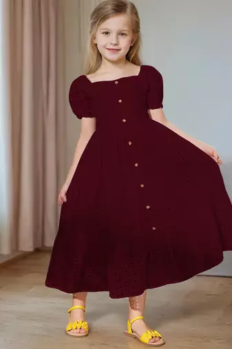 Maroon embroidered cotton puff sleeve maxi girls dress