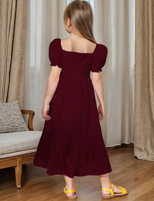 Maroon embroidered cotton puff sleeve maxi girls dress 4