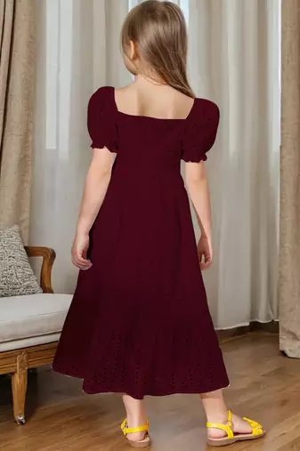 Maroon embroidered cotton puff sleeve maxi girls dress