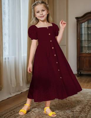 Maroon embroidered cotton puff sleeve maxi girls dress 5