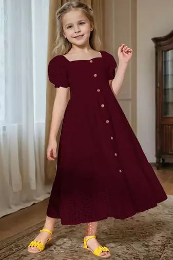 Maroon embroidered cotton puff sleeve maxi girls dress