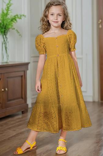 Mastang yellow embroidered cotton puff sleeve maxi girls dress