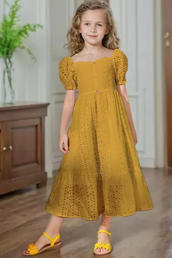 Mastang yellow embroidered cotton puff sleeve maxi girls dress