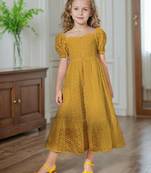 Mastang yellow embroidered cotton puff sleeve maxi girls dress