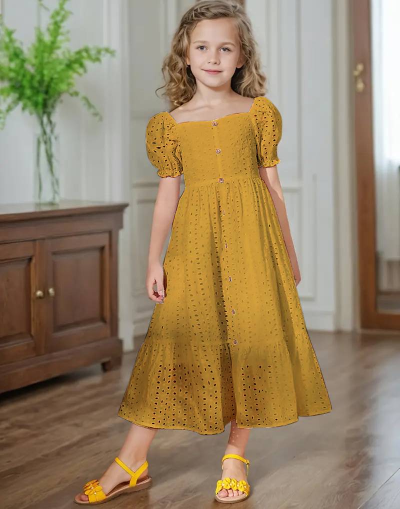 Mastang yellow embroidered cotton puff sleeve maxi girls dress
