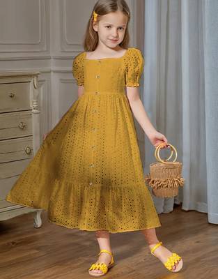 Mastang yellow embroidered cotton puff sleeve maxi girls dress 2