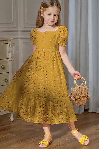 Mastang yellow embroidered cotton puff sleeve maxi girls dress