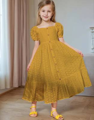 Mastang yellow embroidered cotton puff sleeve maxi girls dress 3
