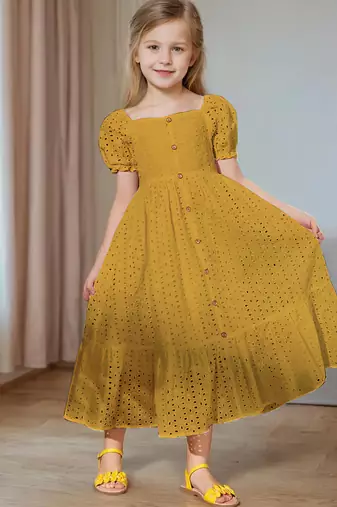 Mastang yellow embroidered cotton puff sleeve maxi girls dress