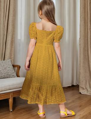 Mastang yellow embroidered cotton puff sleeve maxi girls dress 4