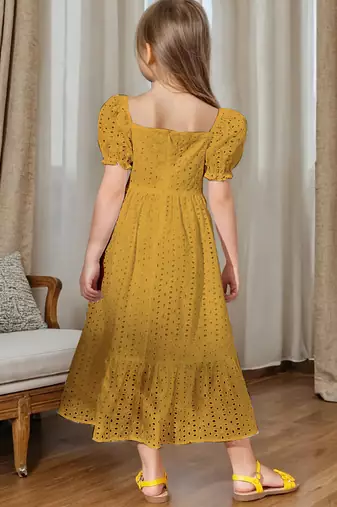 Mastang yellow embroidered cotton puff sleeve maxi girls dress