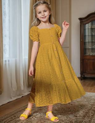 Mastang yellow embroidered cotton puff sleeve maxi girls dress 5