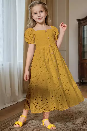 Mastang yellow embroidered cotton puff sleeve maxi girls dress