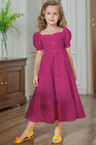Rani pink embroidered cotton puff sleeve maxi girls dress
