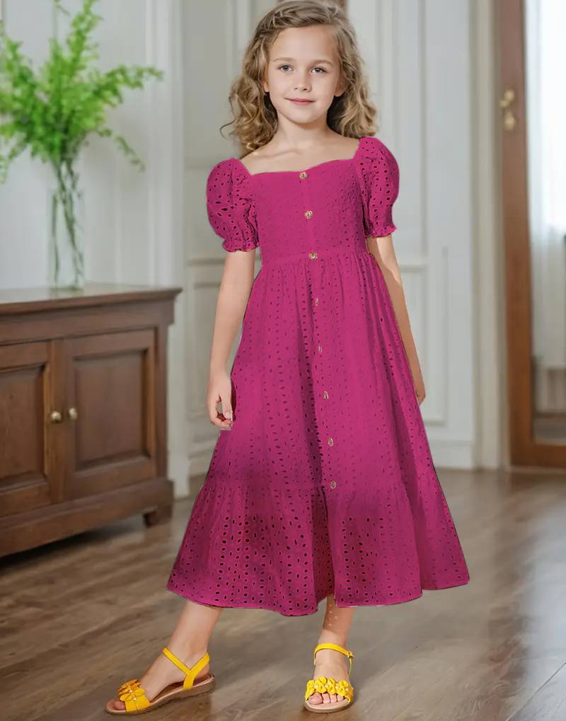 Rani pink embroidered cotton puff sleeve maxi girls dress