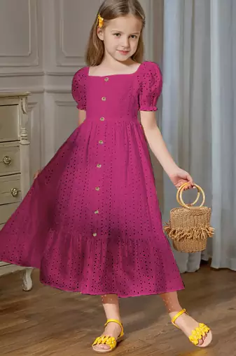 Rani pink embroidered cotton puff sleeve maxi girls dress