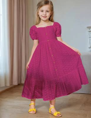 Rani pink embroidered cotton puff sleeve maxi girls dress 3