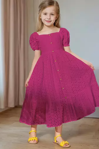 Rani pink embroidered cotton puff sleeve maxi girls dress