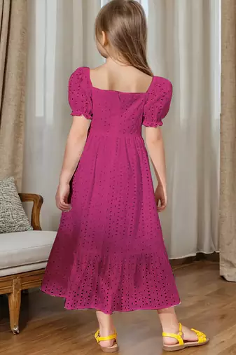 Rani pink embroidered cotton puff sleeve maxi girls dress