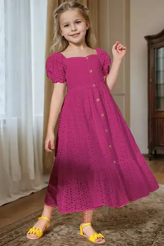 Rani pink embroidered cotton puff sleeve maxi girls dress
