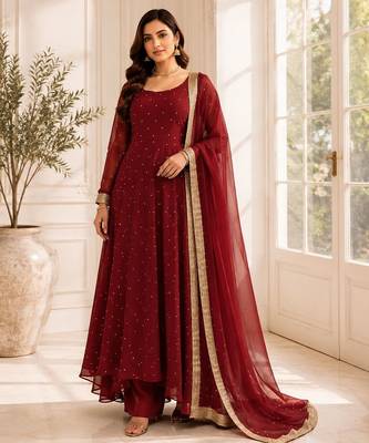 Faux georgette silk gown palazzo set with mukesh work & dupatta 1