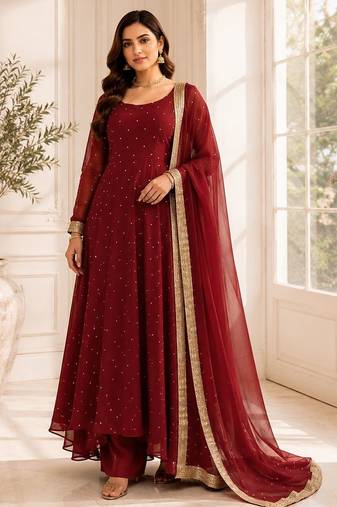 Faux georgette silk gown palazzo set with mukesh work & dupatta