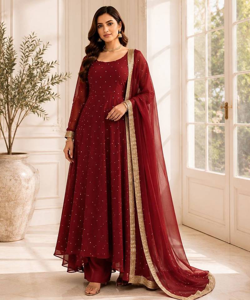 Faux georgette silk gown palazzo set with mukesh work & dupatta