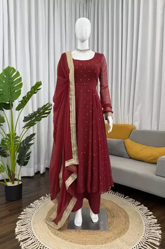 Faux georgette silk gown palazzo set with mukesh work & dupatta