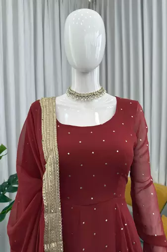 Faux georgette silk gown palazzo set with mukesh work & dupatta