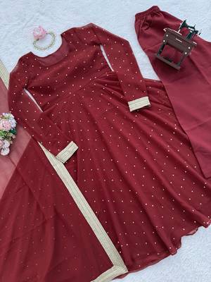 Faux georgette silk gown palazzo set with mukesh work & dupatta 4