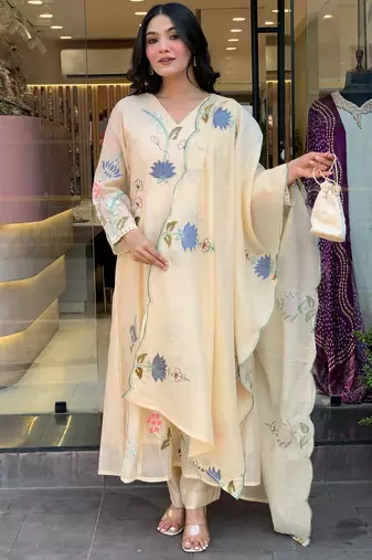 Designer cream viscose chanderi embroidered ethnic suit set with embroidered dupatta for women