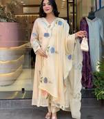 Designer cream viscose chanderi embroidered ethnic suit set with embroidered dupatta for women