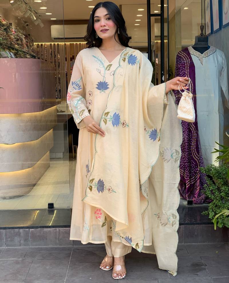 Designer cream viscose chanderi embroidered ethnic suit set with embroidered dupatta for women