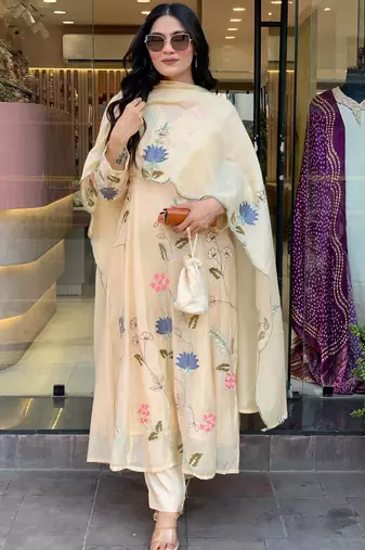 cream viscose chanderi embroidered ethnic suit set with embroidered dupatta
