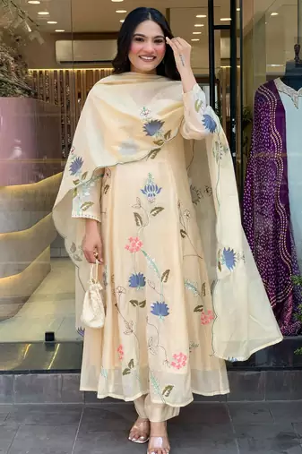 cream viscose chanderi embroidered ethnic suit set with embroidered dupatta