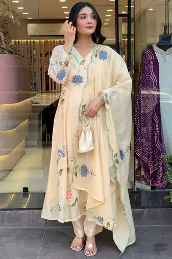 cream viscose chanderi embroidered ethnic suit set with embroidered dupatta