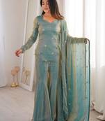 Designer pista green fendy silk embroidered kurta sharara set with dupatta for women