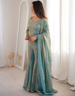 pista green fendy silk blend embroidered kurta sharara set with dupatta 2