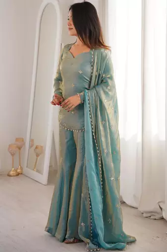 pista green fendy silk blend embroidered kurta sharara set with dupatta